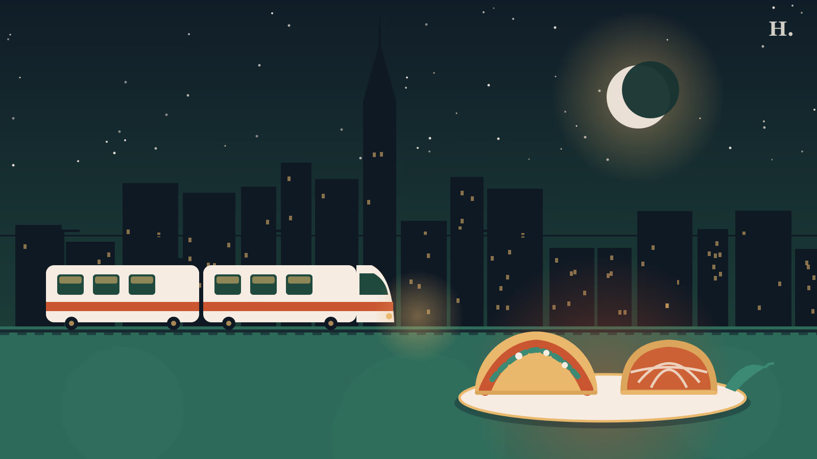 Illustration of the best restaurants in Northside Houston: a METRORail train, taco and concha below the downtown skyline