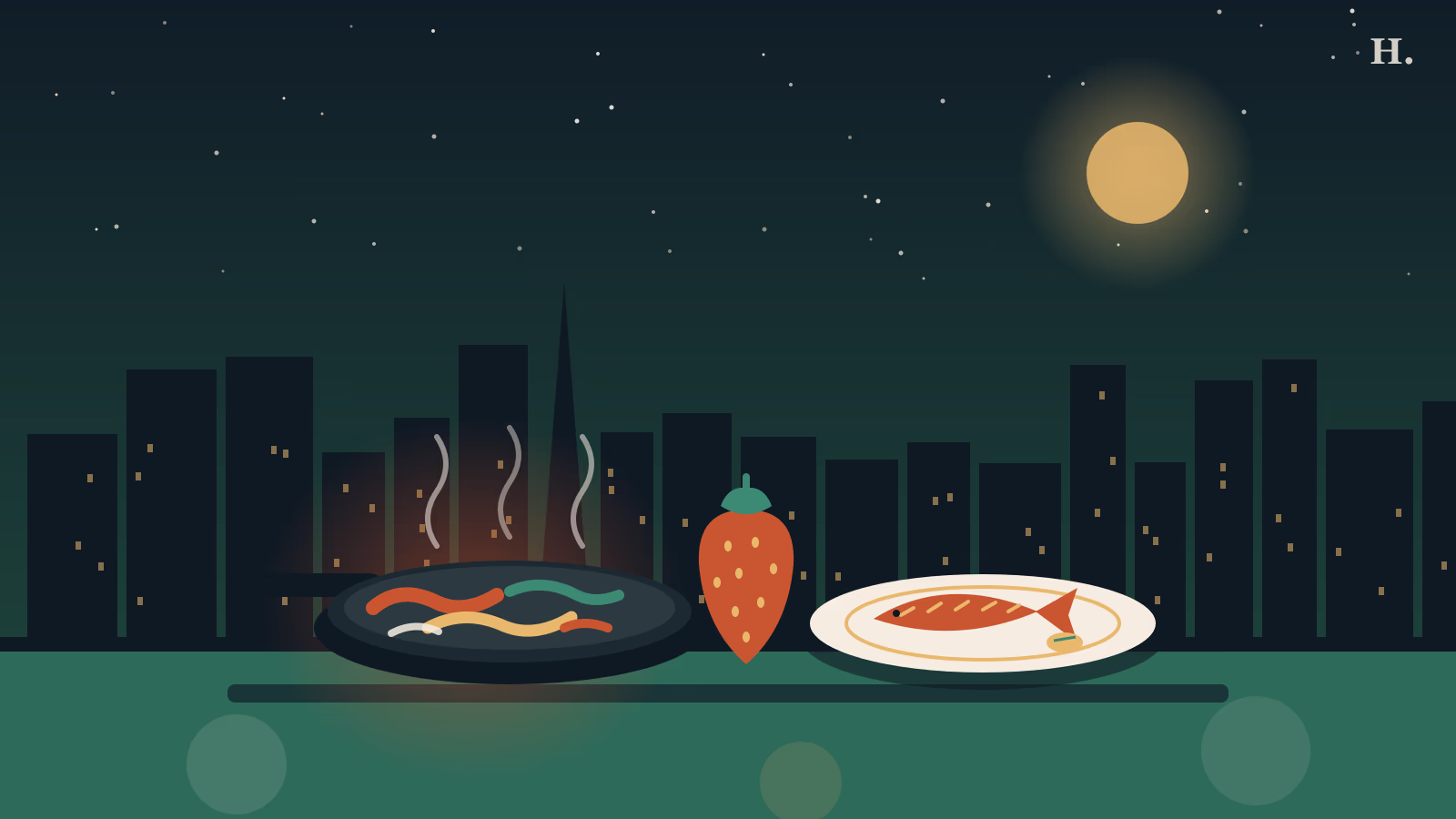 Illustration of the best restaurants in Pasadena TX: sizzling fajita skillet, catfish plate and strawberry
