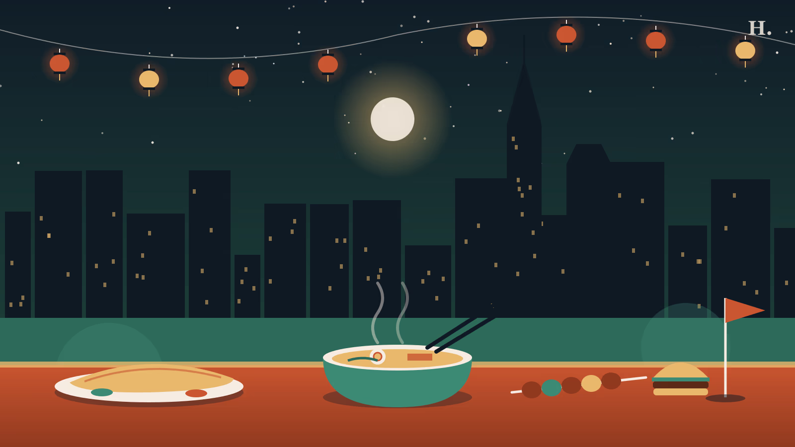 Illustration of the best restaurants in Sharpstown Houston: dosa, ramen, kabobs and lanterns at night