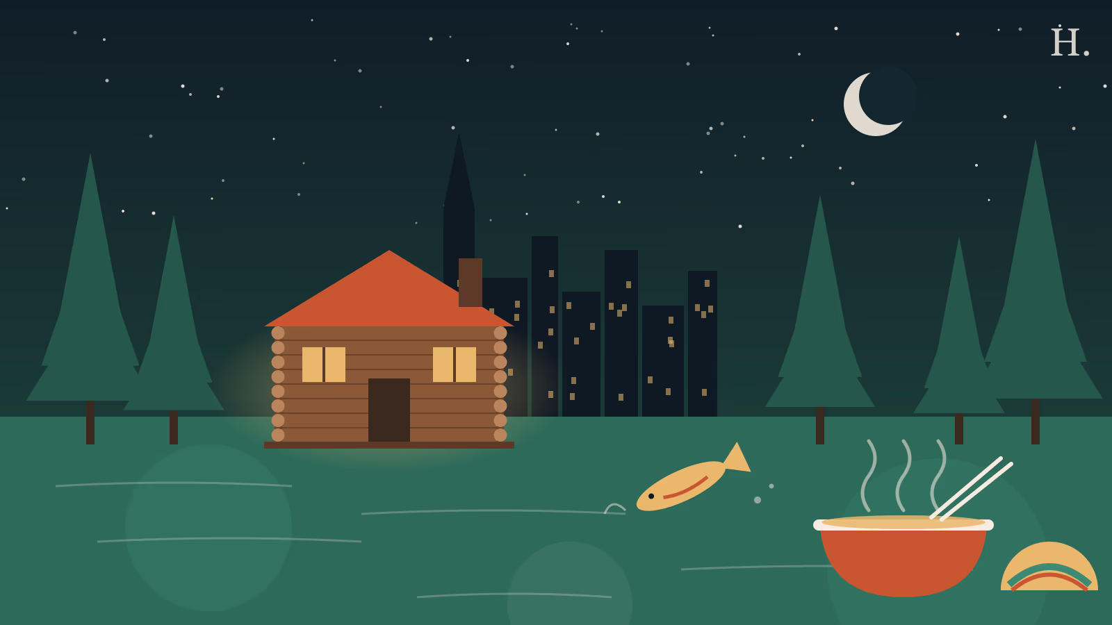 Illustrated log cabin under pines by a bayou for best restaurants in Timbergrove Houston