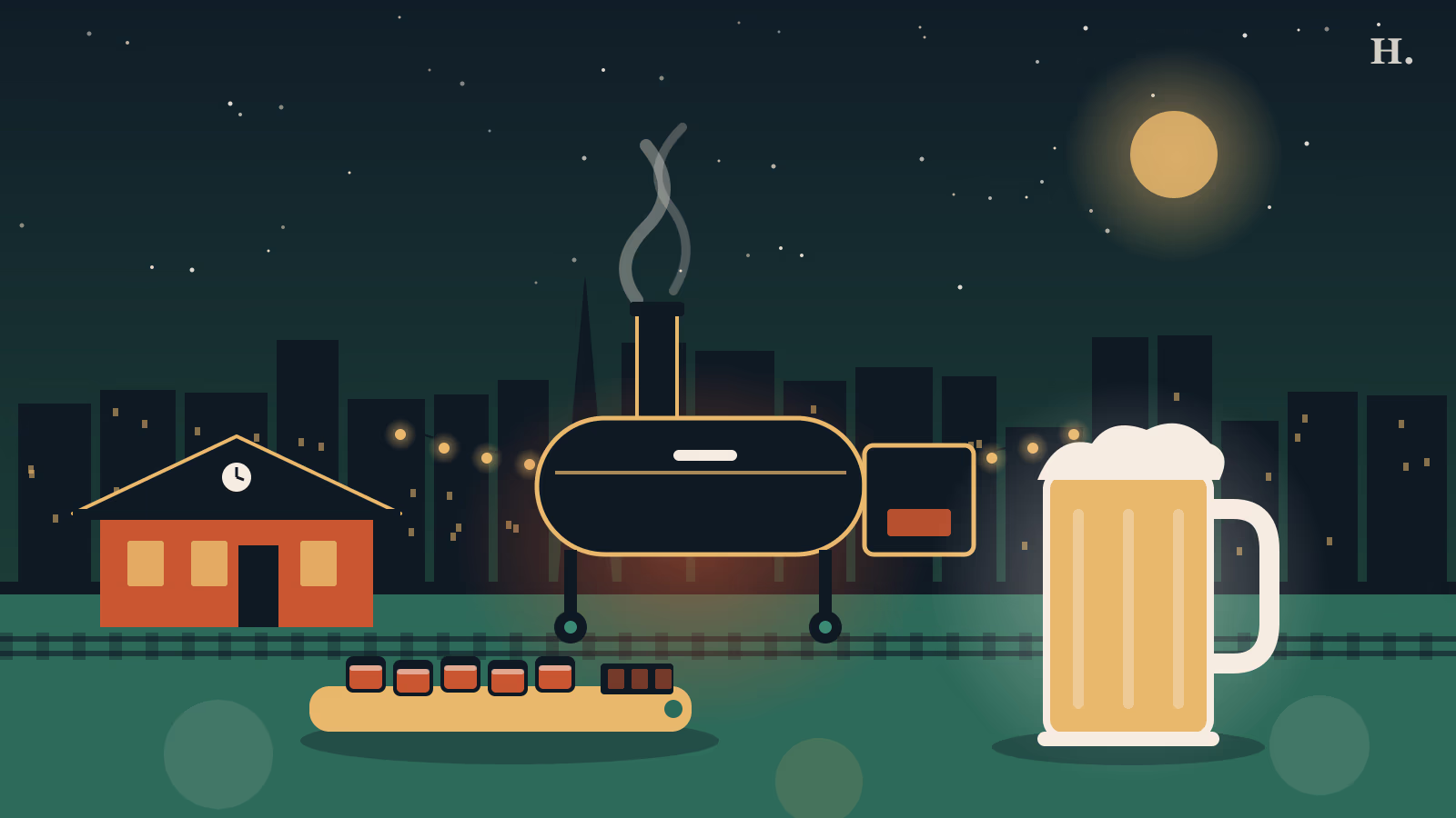 Tomball restaurants illustration: barbecue smoker, brisket board, beer stein and railroad depot at night