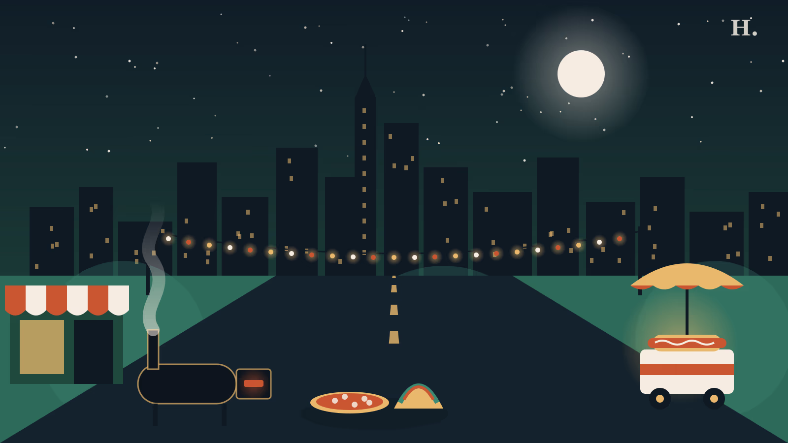 Night illustration of the best restaurants in Washington Avenue Houston, with smoker, pizza and hot dog cart