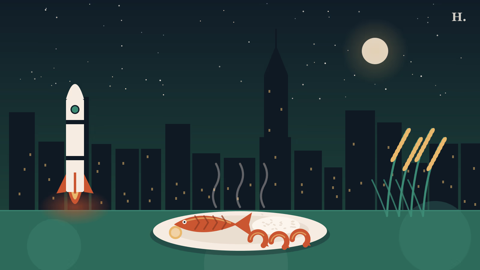 Illustration of a rocket, seafood platter and rice stalks for the best restaurants in Webster TX