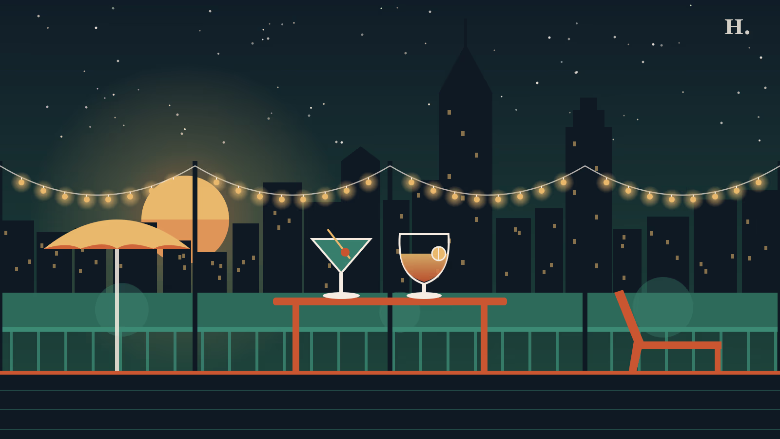 Rooftop bars Houston illustration: terrace with string lights, cocktails and the downtown skyline at sunset