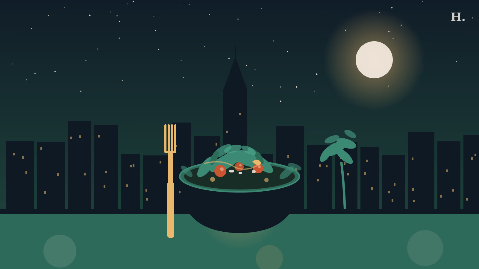 Best salads in Houston illustration: colorful salad bowl with teal greens and tomatoes against the night Houston skyline