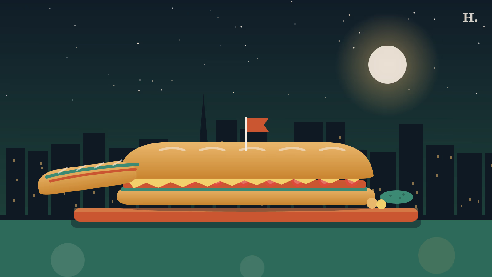Best sandwiches in Houston illustration: giant sub and banh mi before the downtown skyline