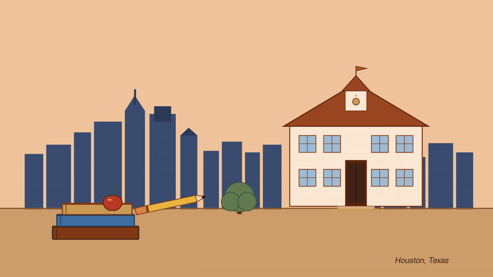 Cream schoolhouse with bell tower, books, apple, and Houston skyline silhouette for Houston schools guide
