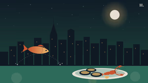 Seafood downtown Houston illustration: redfish leaping before the skyline beside oysters and crawfish