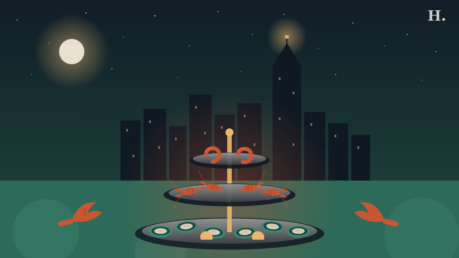 Seafood Galleria and Uptown illustration: tiered tower of oysters, crawfish and shrimp before an Uptown skyline