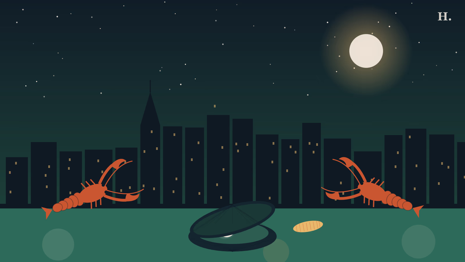 Gulf oyster on the half shell with pearl, flanked by crawfish, against Houston night skyline