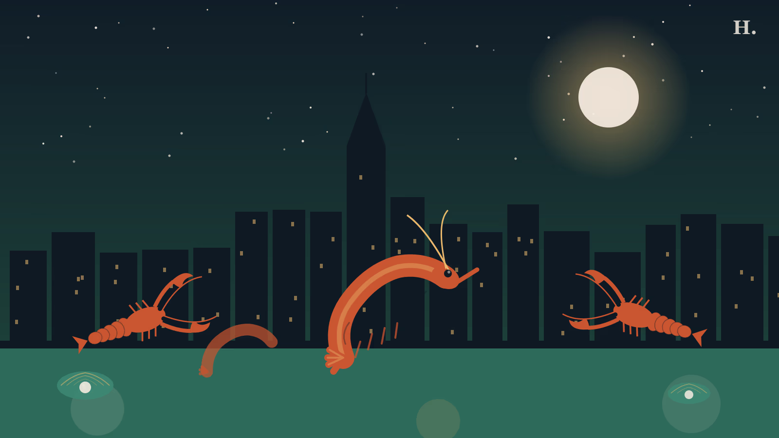 Best seafood in Pearland TX illustration: curved Gulf shrimp, crawfish, and oyster shells against a Houston night sky