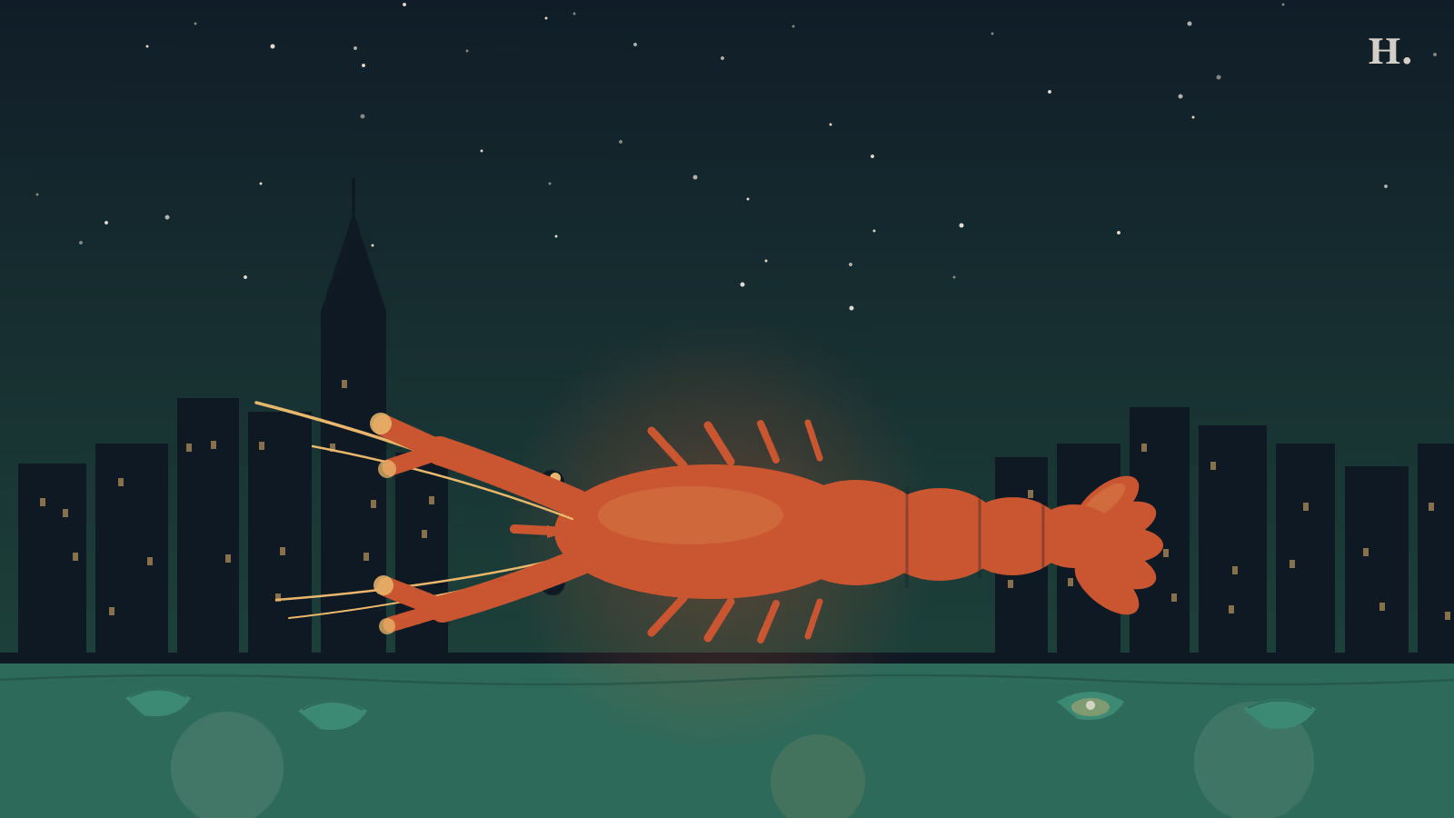 Best seafood in Spring TX illustration: Gulf crawfish, oyster shells and Houston skyline at night