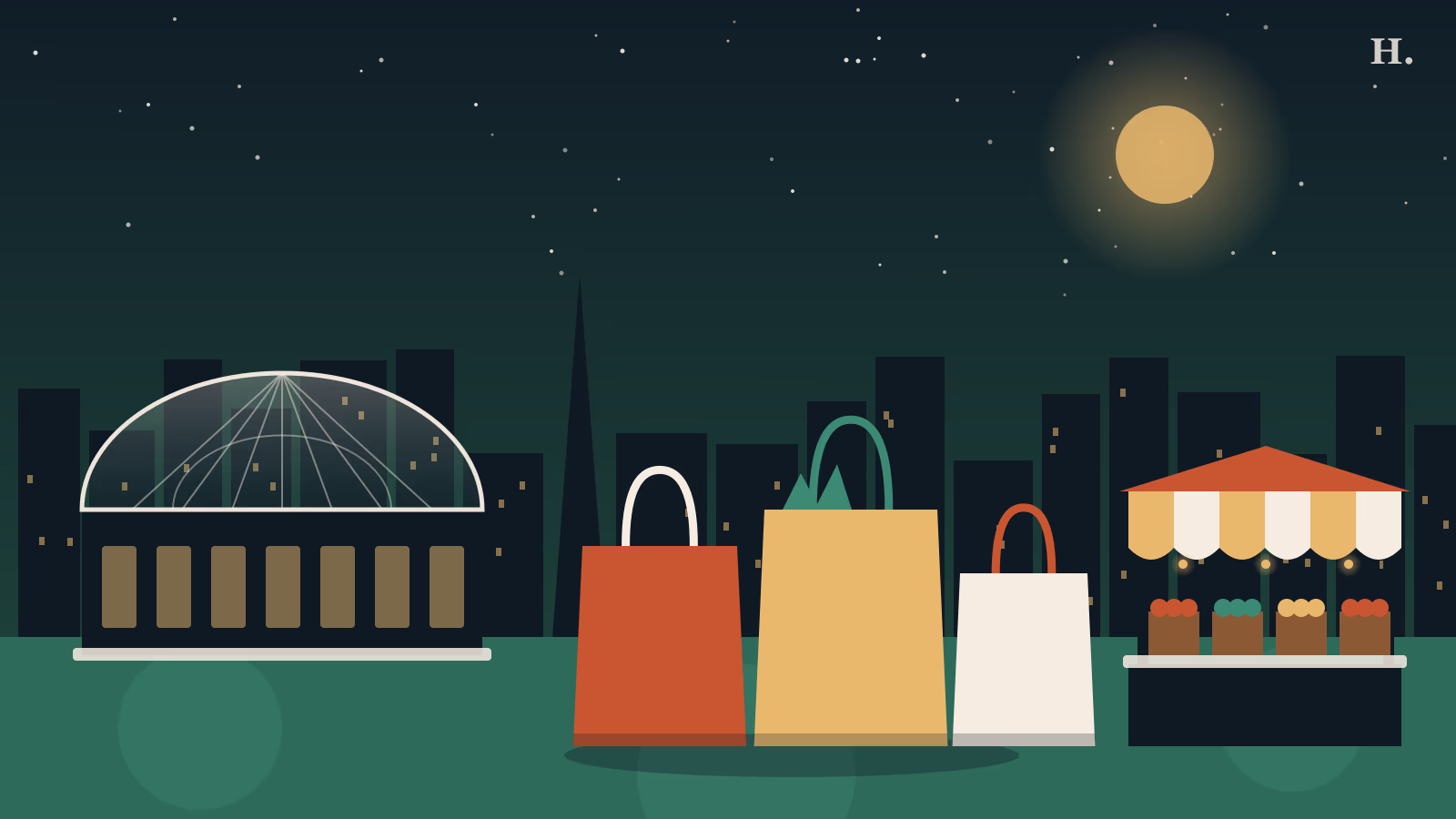 Illustrated Houston shopping scene with glass-domed mall, shopping bags and market stall at night