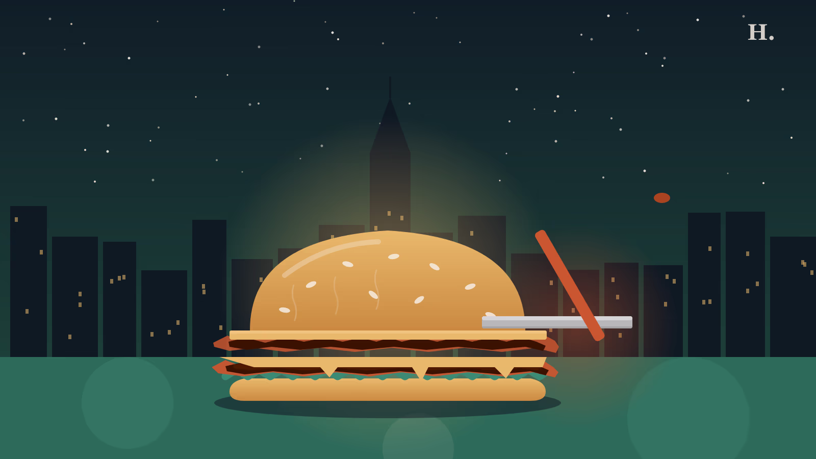 Best smash burgers Houston: crispy double patty burger pressed by spatula, night skyline