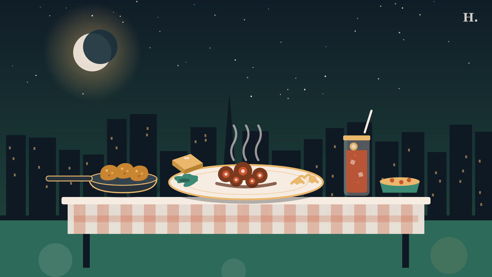 Soul food Houston illustration: oxtail plate, fried chicken skillet, sweet tea and cobbler before the skyline