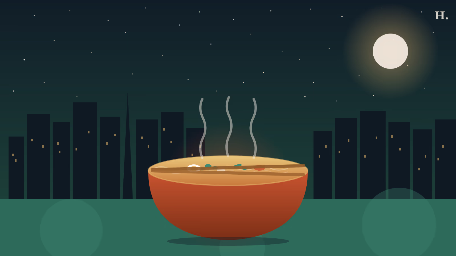 Best soup in Houston illustration: steaming bowl of pho with chopsticks against the night skyline
