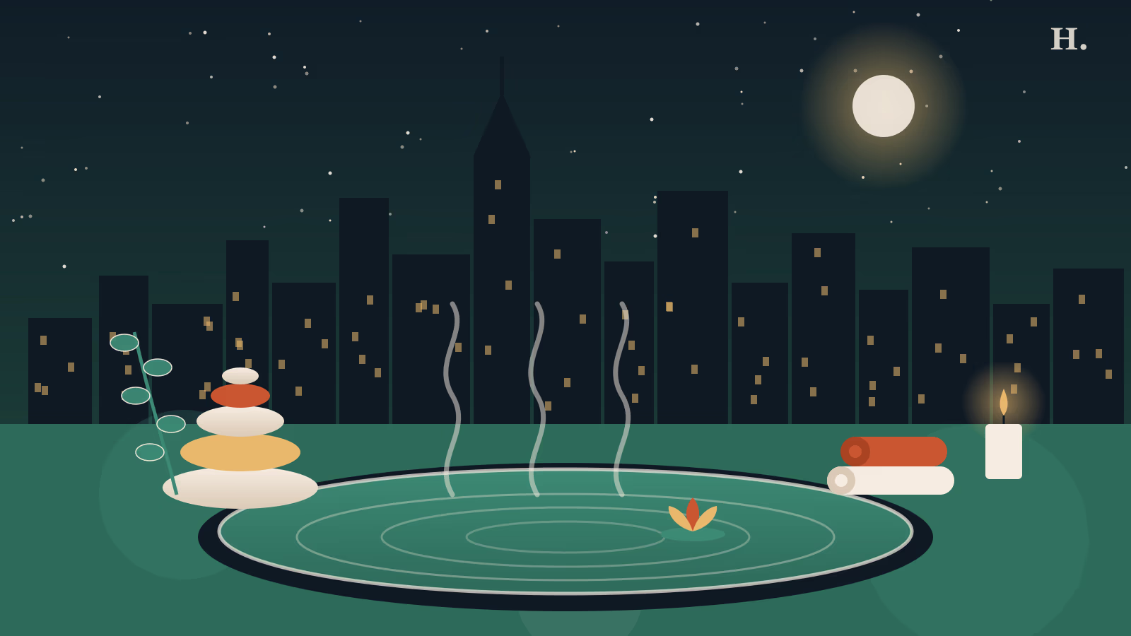 Best spa in Houston illustration: steaming soaking pool, stacked stones and candle under the skyline