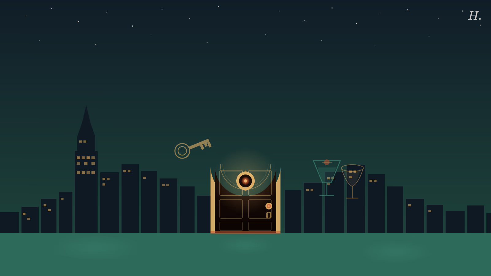 Speakeasy Houston illustration: a glowing peephole door beneath the Houston skyline at night