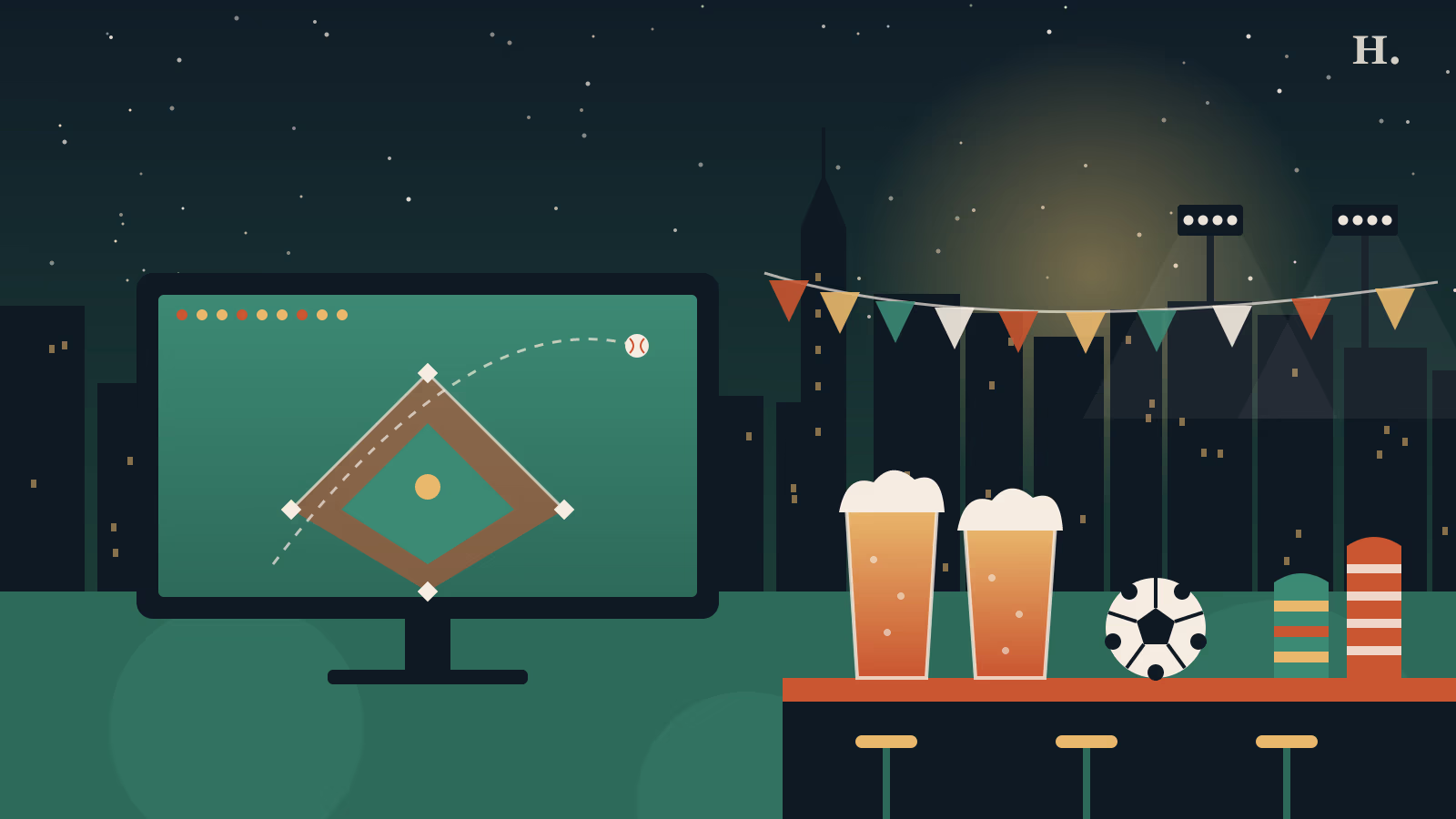 Best sports bars in Houston illustration: big screen showing a ballpark, pints and a soccer ball