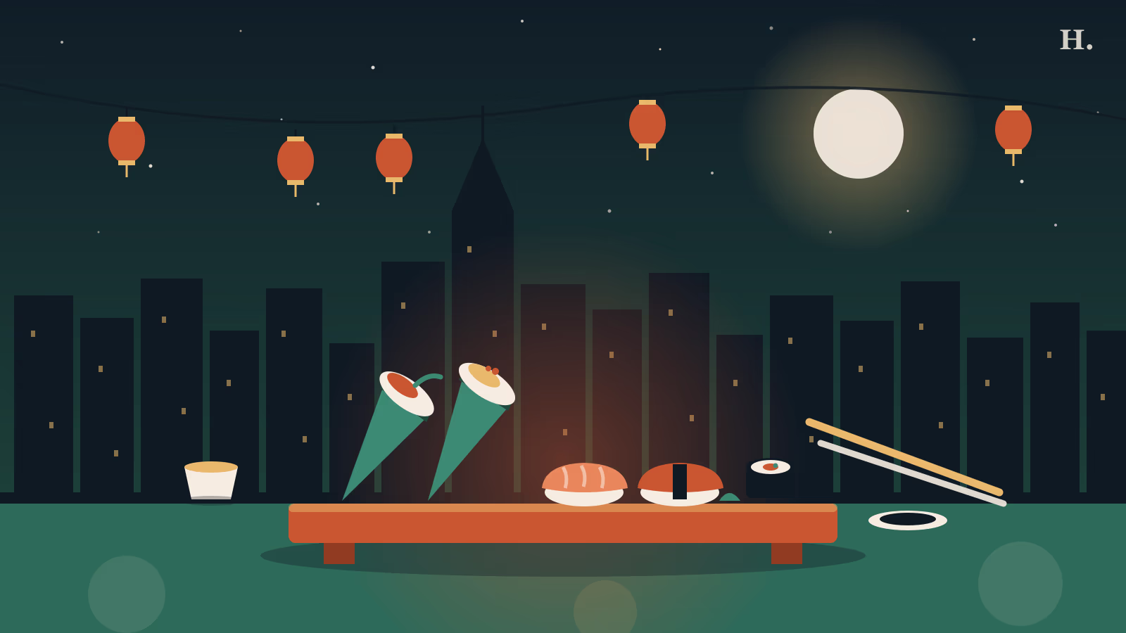 Handrolls, nigiri and red lanterns over the Houston skyline for a sushi Chinatown guide