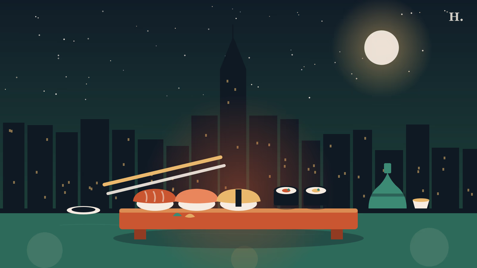 Best sushi in Clear Lake TX: nigiri and rolls on a counter under a night sky with Houston skyline