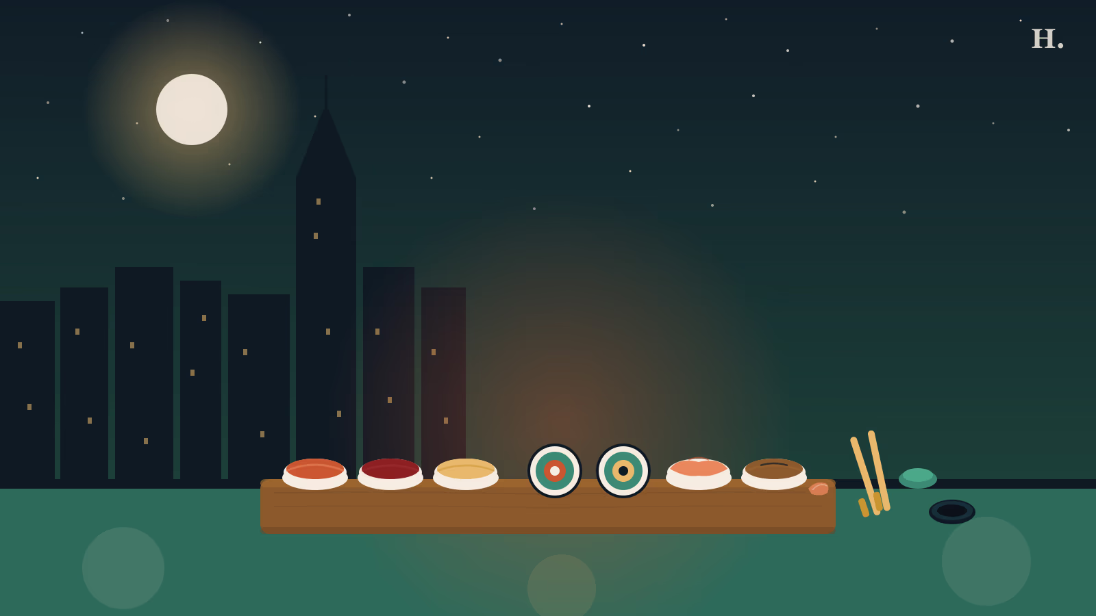 Sushi conroe TX illustration: nigiri and maki rolls on a wooden board under a night sky with Houston skyline