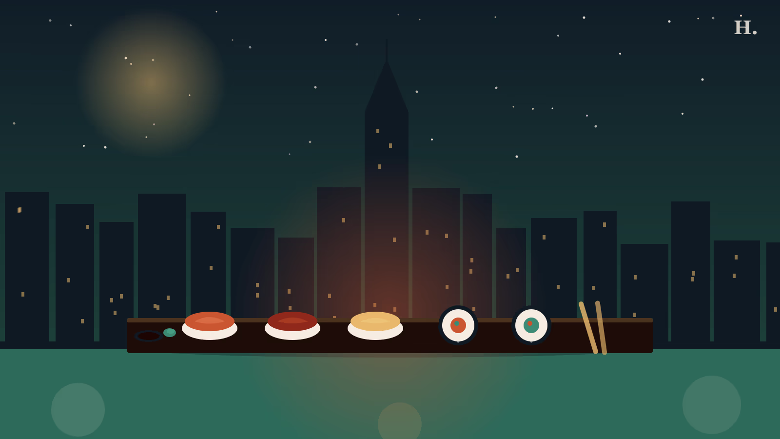 Best sushi in Cypress TX: nigiri and maki rolls on a serving board against the Houston night skyline