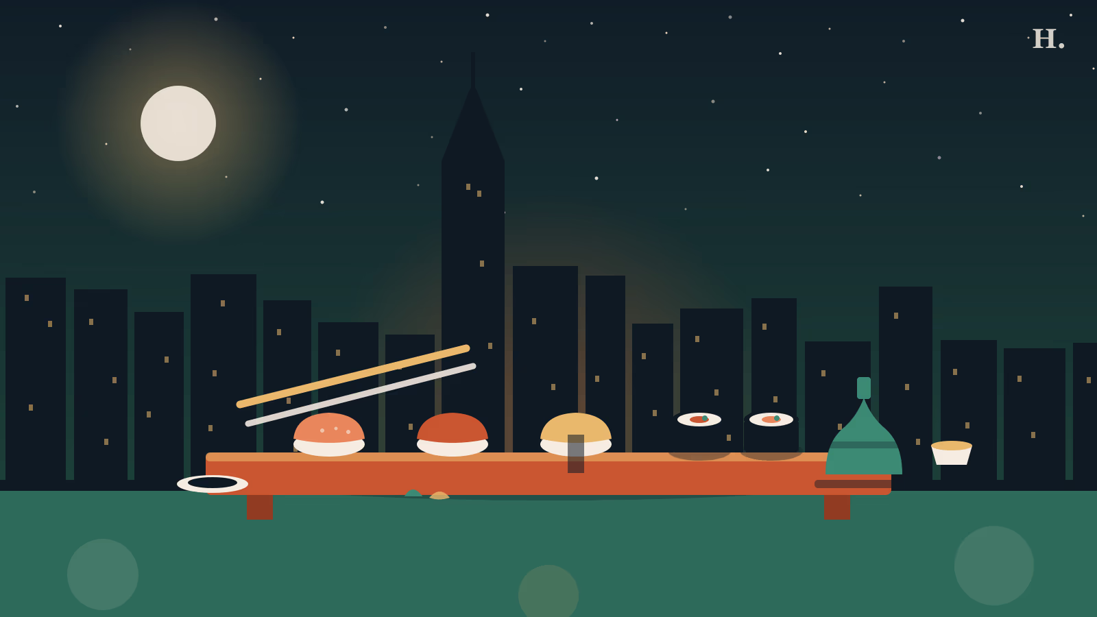 Best sushi in Katy TX illustration: sushi rolls and nigiri on a counter under a Houston night sky