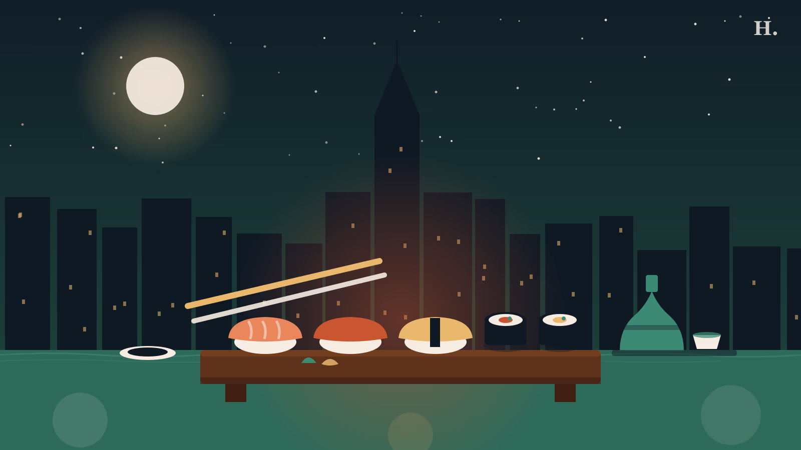 Best sushi in League City TX illustration: nigiri and maki rolls on a serving board against a Houston night skyline