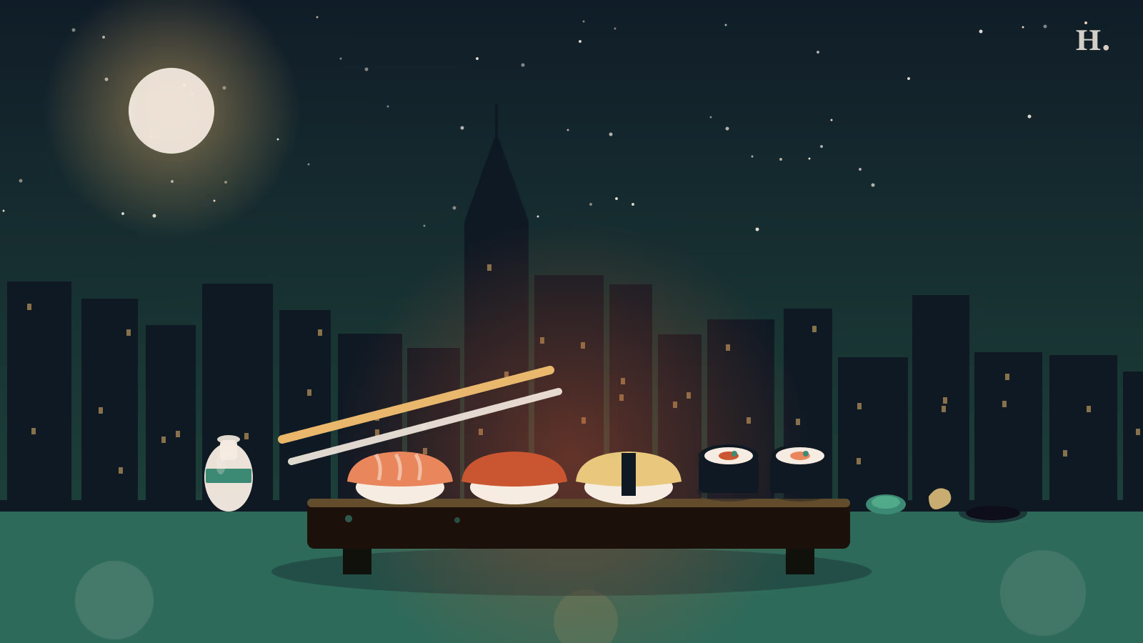 Sushi montrose Houston night illustration: nigiri, hand roll and sake tokkuri under a night sky