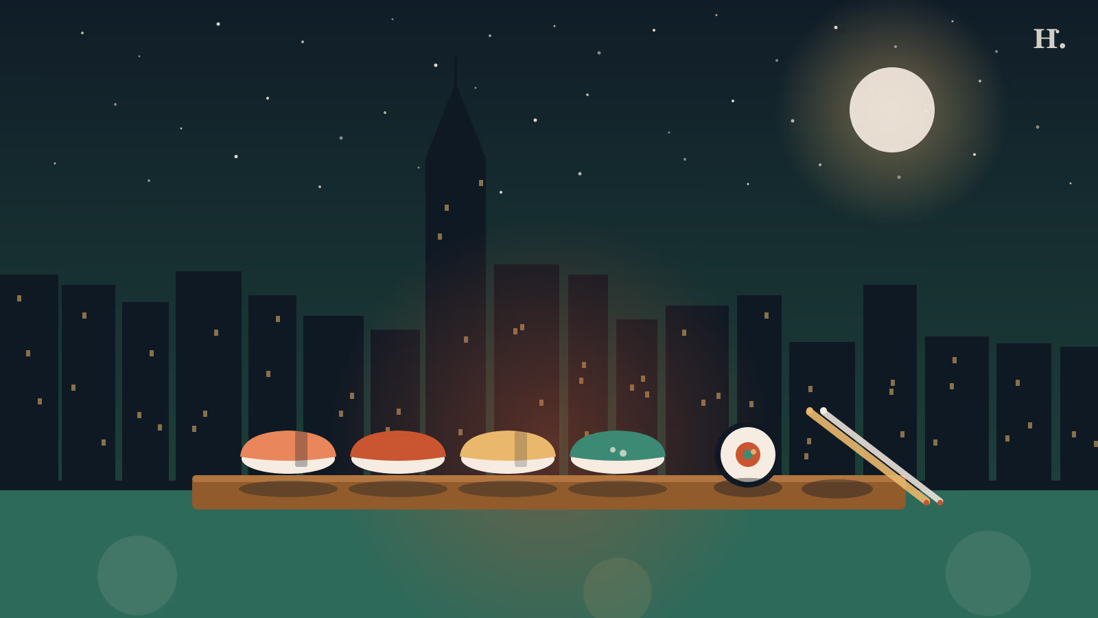 Sushi nigiri and rolls against Houston night skyline, Pearland sushi guide