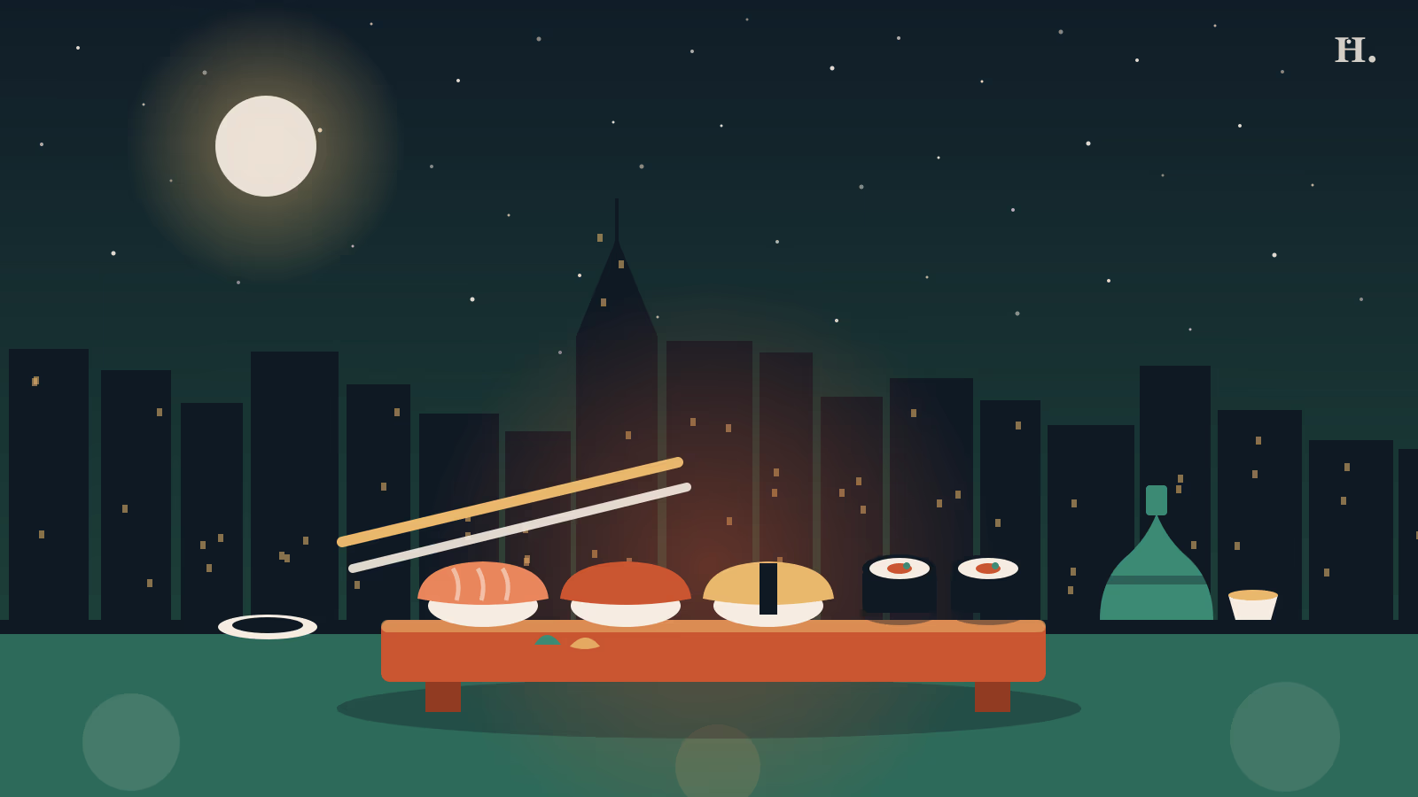 Sushi nigiri, rolls and chopsticks under a Houston night sky, Spring TX guide