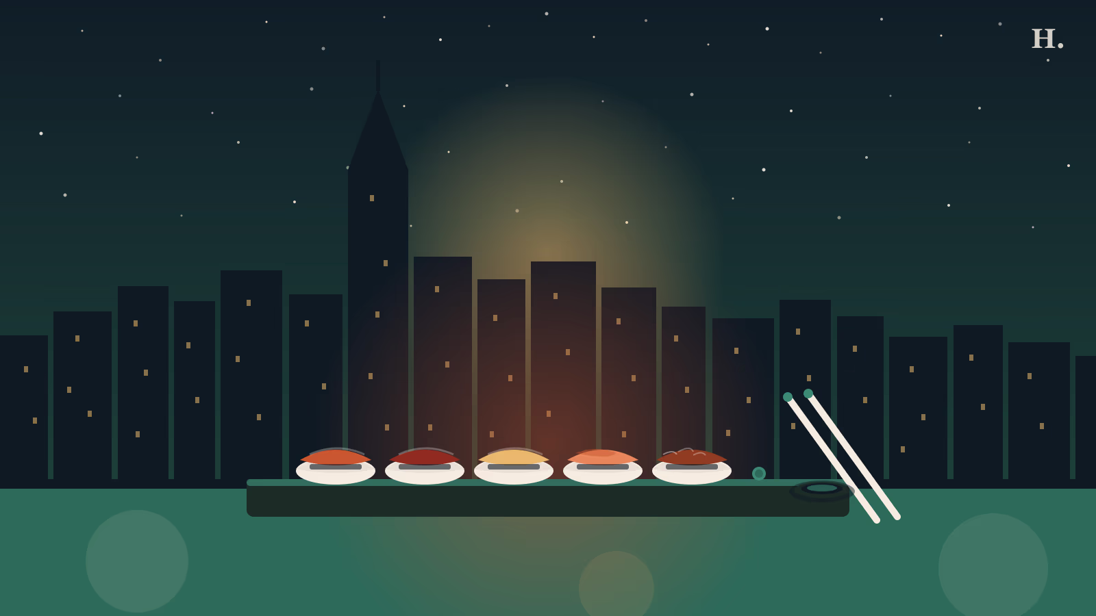 Sushi Sugar Land TX illustration: nigiri plates and chopsticks on a night-sky Houston cityscape