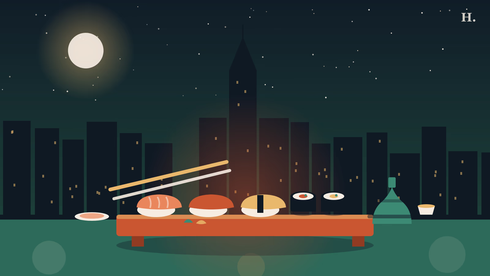 Sushi the Woodlands night sky illustration showing nigiri chopsticks and maki rolls over a city skyline
