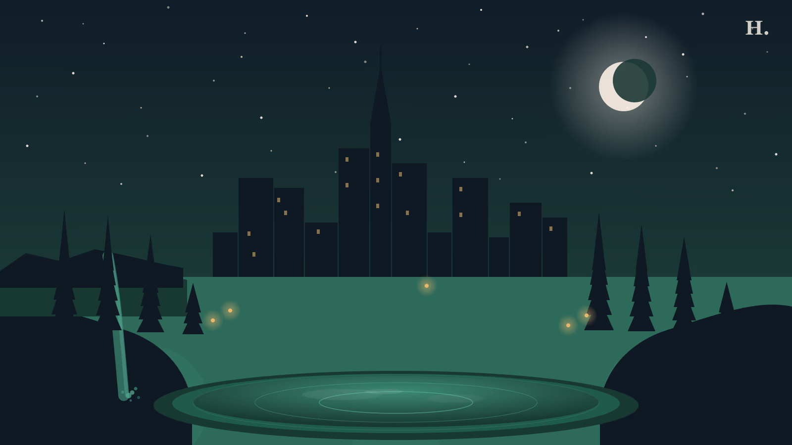 Swimming holes near Houston illustration: cypress trees framing a spring-fed pool under a starry night sky