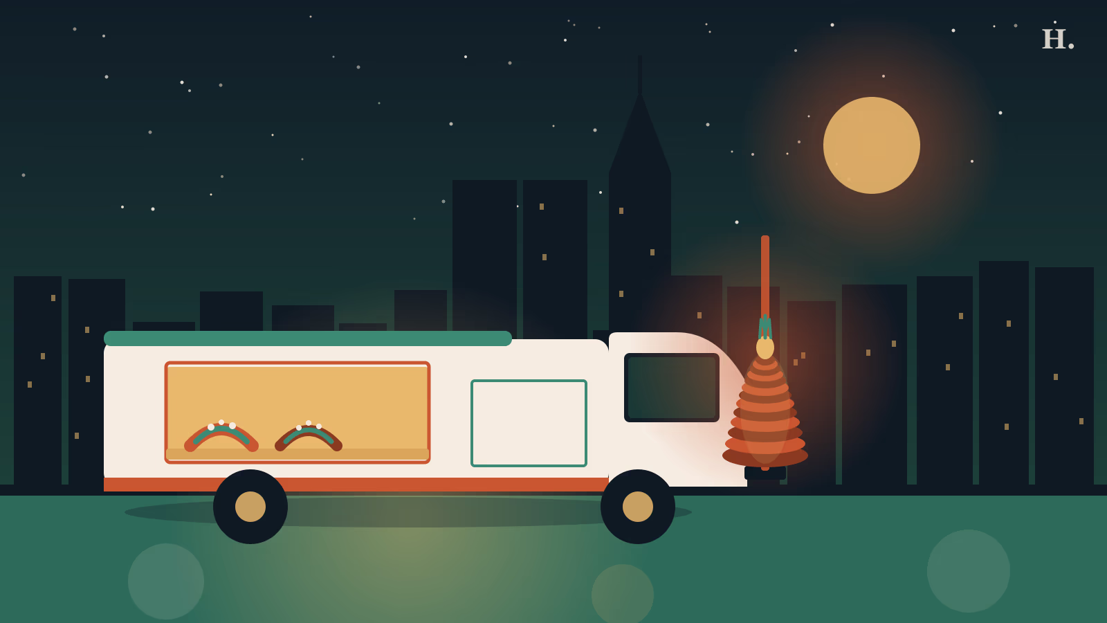 Taco truck and glowing trompo spit at night against the Houston skyline, taco trucks Houston