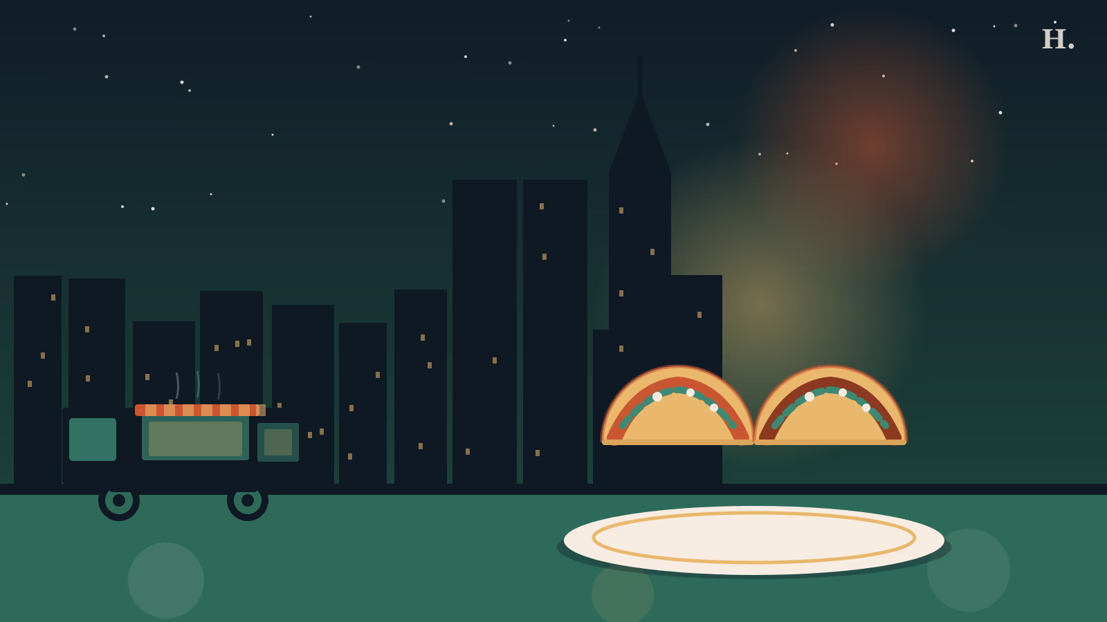 Baytown taco food truck and two taco shells against the Houston night skyline, tacos baytown