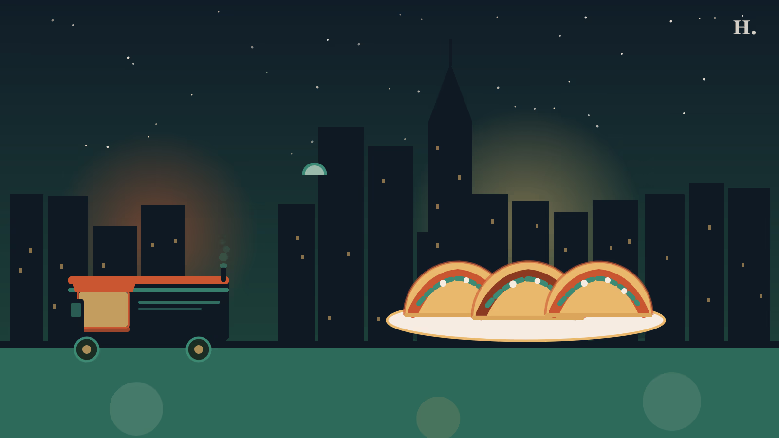 Best tacos in Conroe TX illustration: three taco trucks, tortillas and birria on a night-sky Houston skyline background