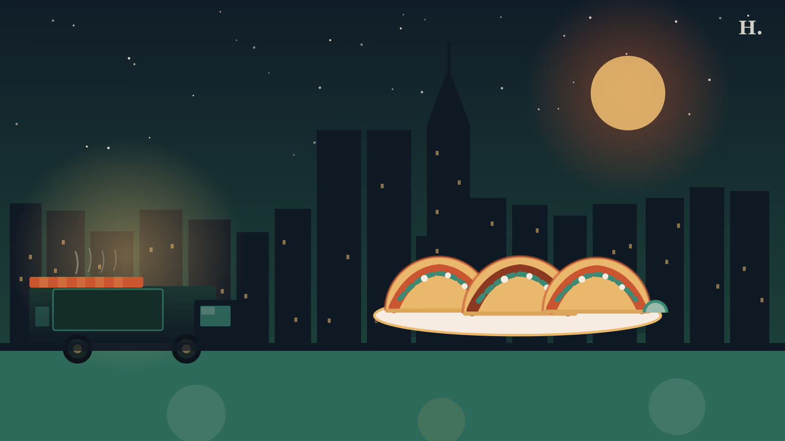 Best tacos in Cypress TX illustration: taco shells and a food truck on a Houston night-sky horizon