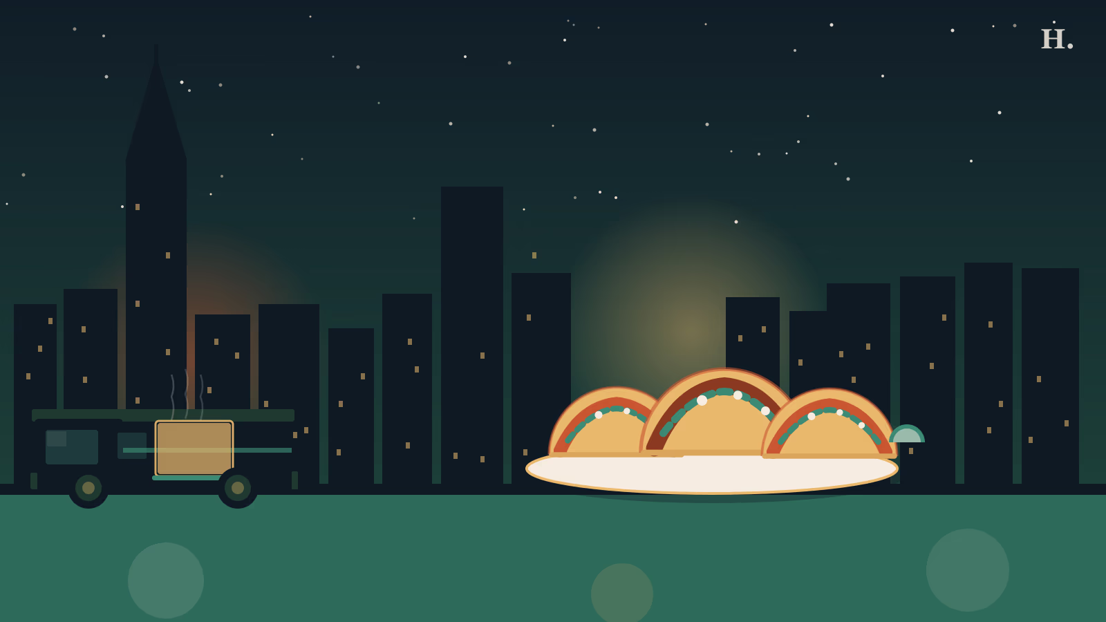 Tacos downtown Houston: a food truck and three taco shells against a night city skyline