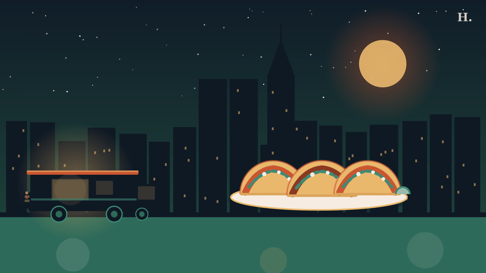 Food truck and tacos at night under Houston skyline, Galleria and Uptown