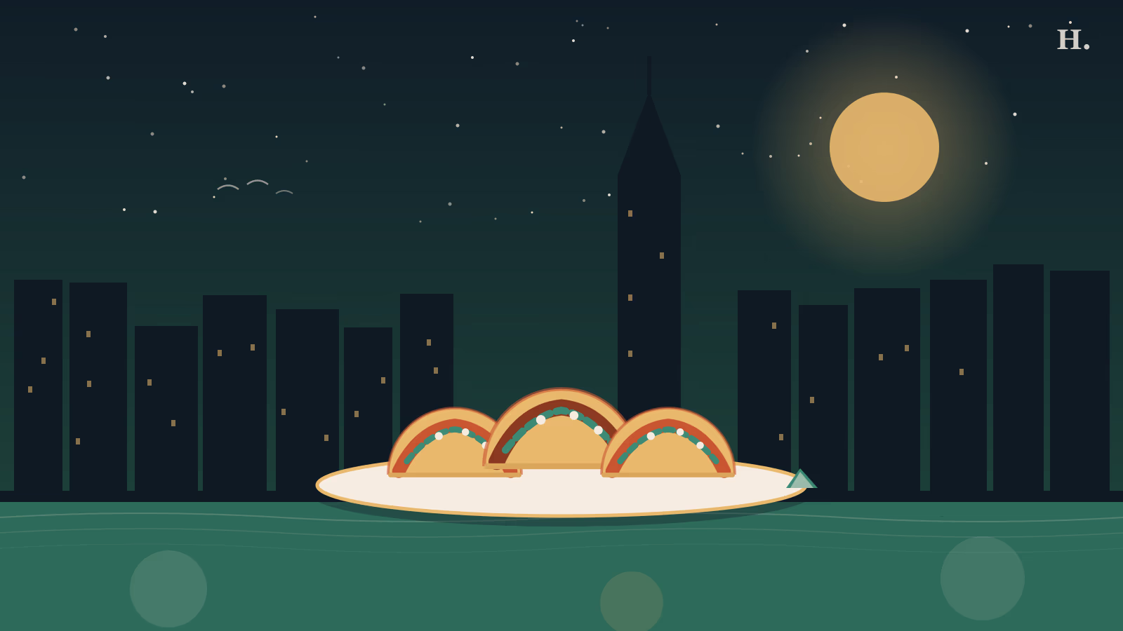 Best tacos in Galveston TX illustration: taco shells on a plate, Gulf waves and skyline at night