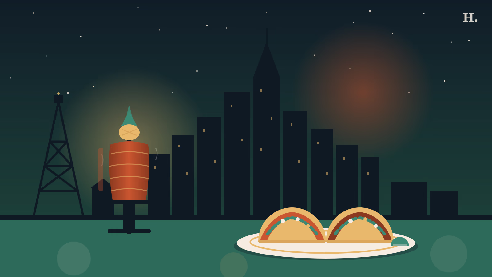 Illustrated trompo, oil derrick and tacos on a plate against the Houston skyline, tacos Humble