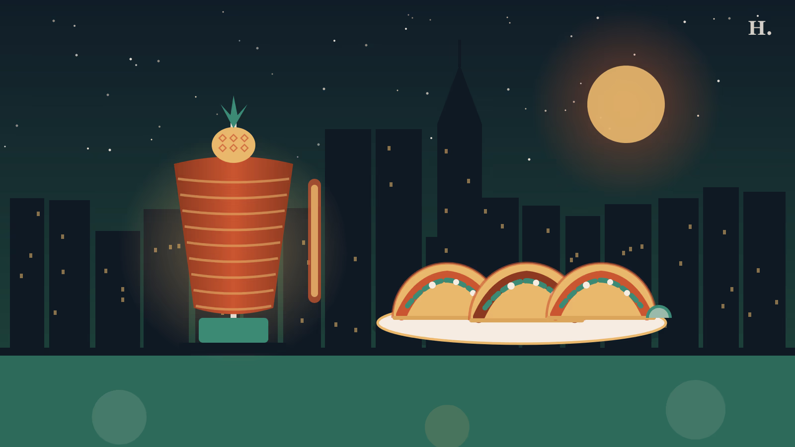 Best tacos in Houston illustration: a spinning trompo, pineapple and tacos under the downtown skyline