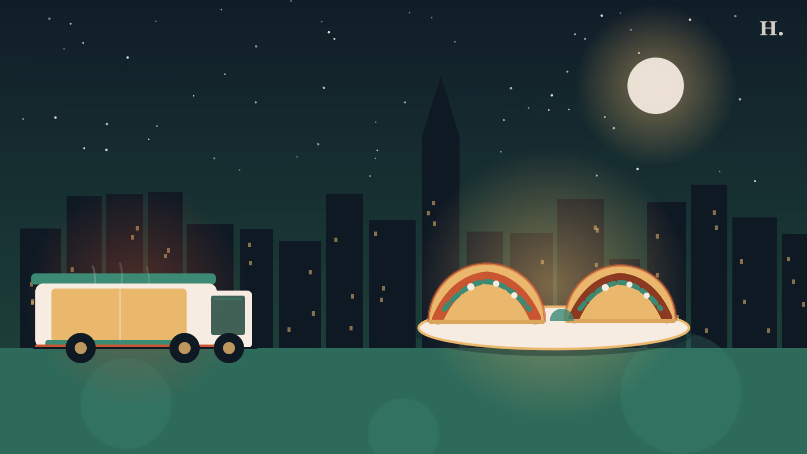 Best tacos in Katy TX illustration: food truck with golden service window and two taco shells at night
