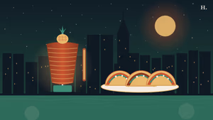 Best tacos in League City TX illustration: al pastor spit, taco shells, and Houston night skyline over bay water