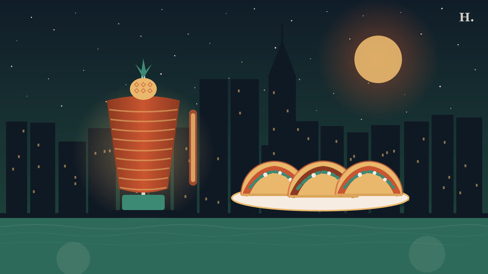 Best tacos in League City TX illustration: al pastor spit, taco shells, and Houston night skyline over bay water