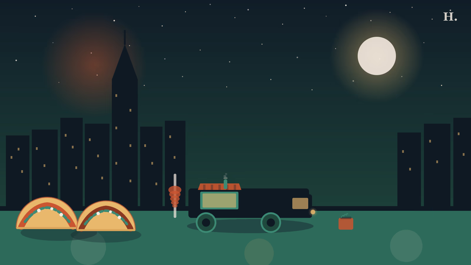 Tacos montrose illustration: taco truck and trompo spit on Westheimer with Houston skyline at night