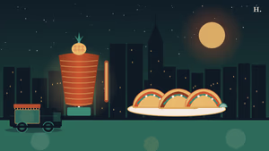 Pasadena TX taco truck illustration with al pastor spit, corn tortillas, and Houston night skyline