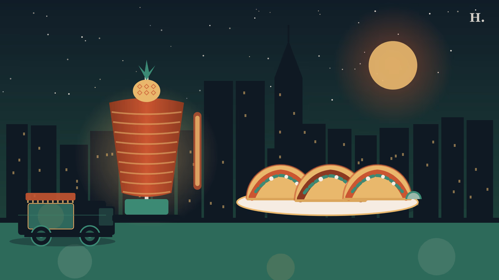Pasadena TX taco truck illustration with al pastor spit, corn tortillas, and Houston night skyline